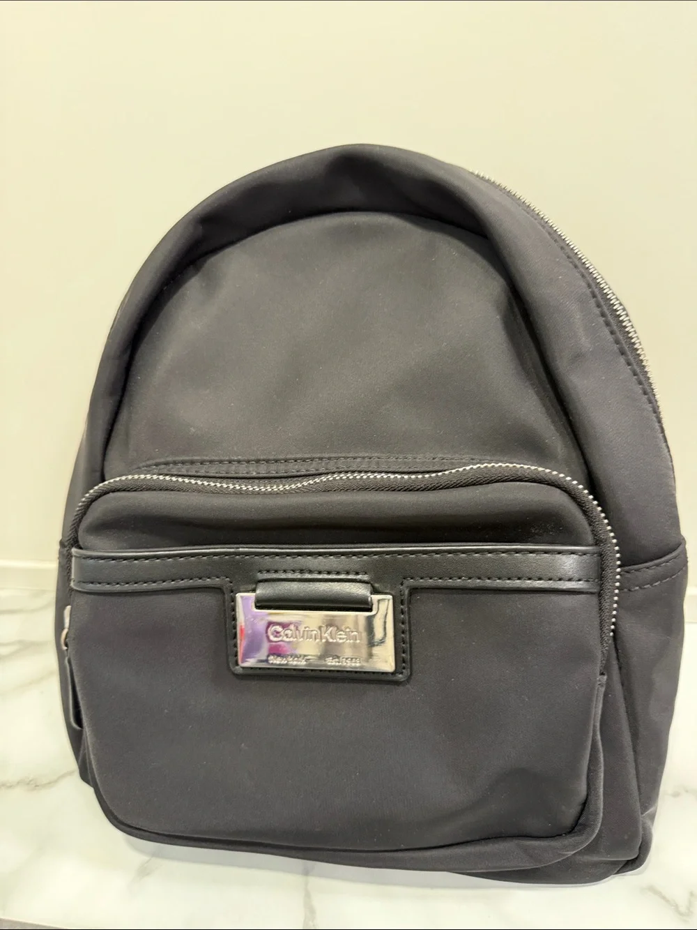 Calvin Klein Small Black Nylon Backpack Purse with Silver-tone Hardware